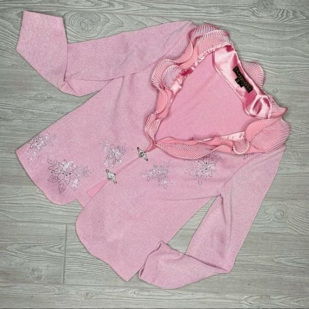 donna vinci knits gem pink sweater cardigan long sleeve ruffle collar gem closur